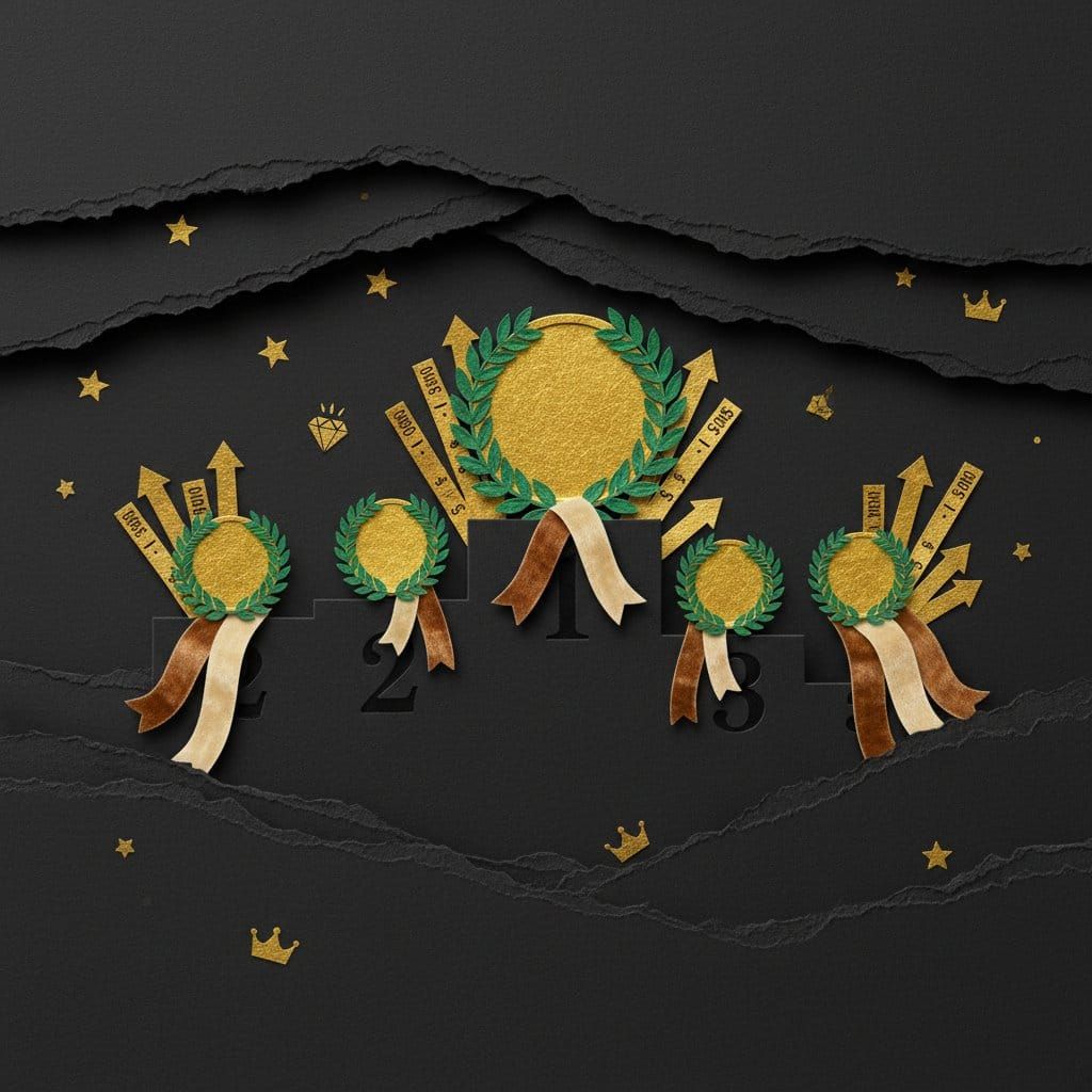 Top 5 altcoins to buy April 2026 award podium gold coins paper cut collage illustration