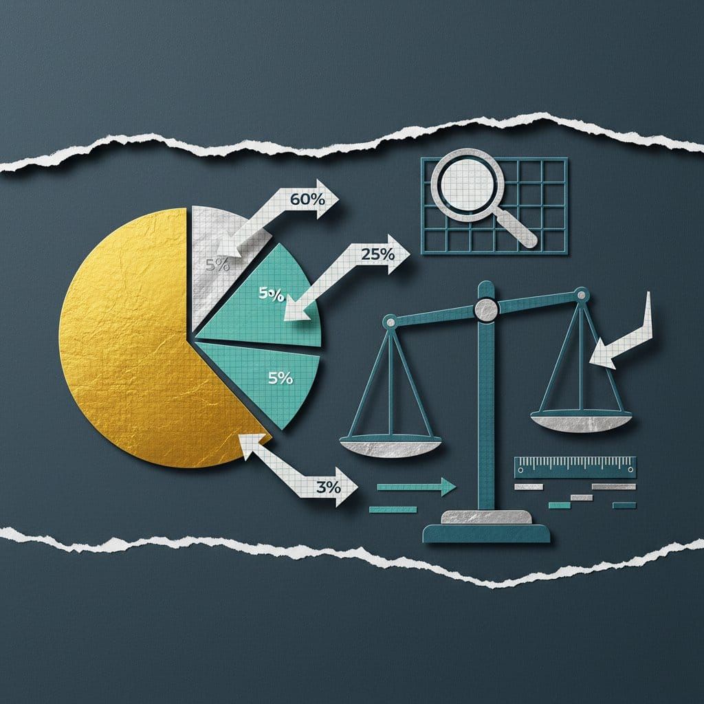 Crypto portfolio asset allocation pie chart with rebalancing arrows and balance scales illustrated in paper cut-out collage style for 2026 investment guide