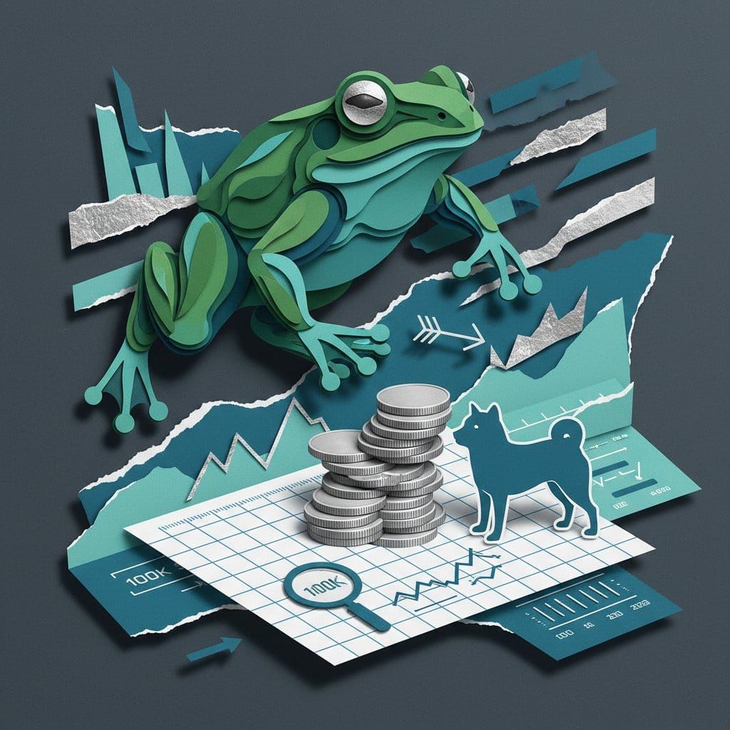 Meme coin PEPE DOGE April 2026 rebound technical analysis RSI MACD paper cut collage illustration