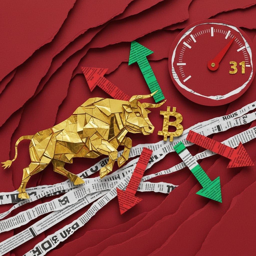 Bitcoin ETF 8-day consecutive inflow streak despite Fear and Greed Index dropping to 31 — April 26 2026 crypto market brief paper cut collage illustration