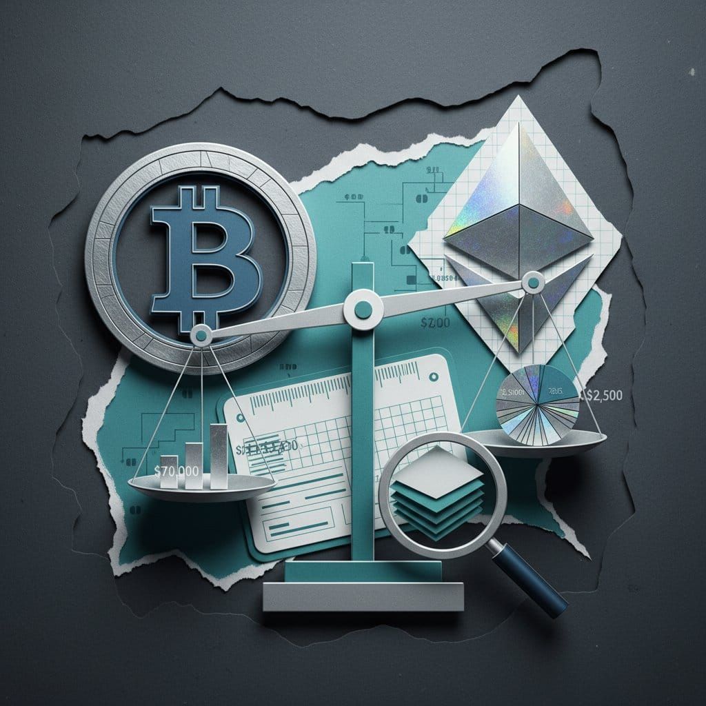 Bitcoin vs Ethereum 2026 comparison balance scale paper cut collage illustration