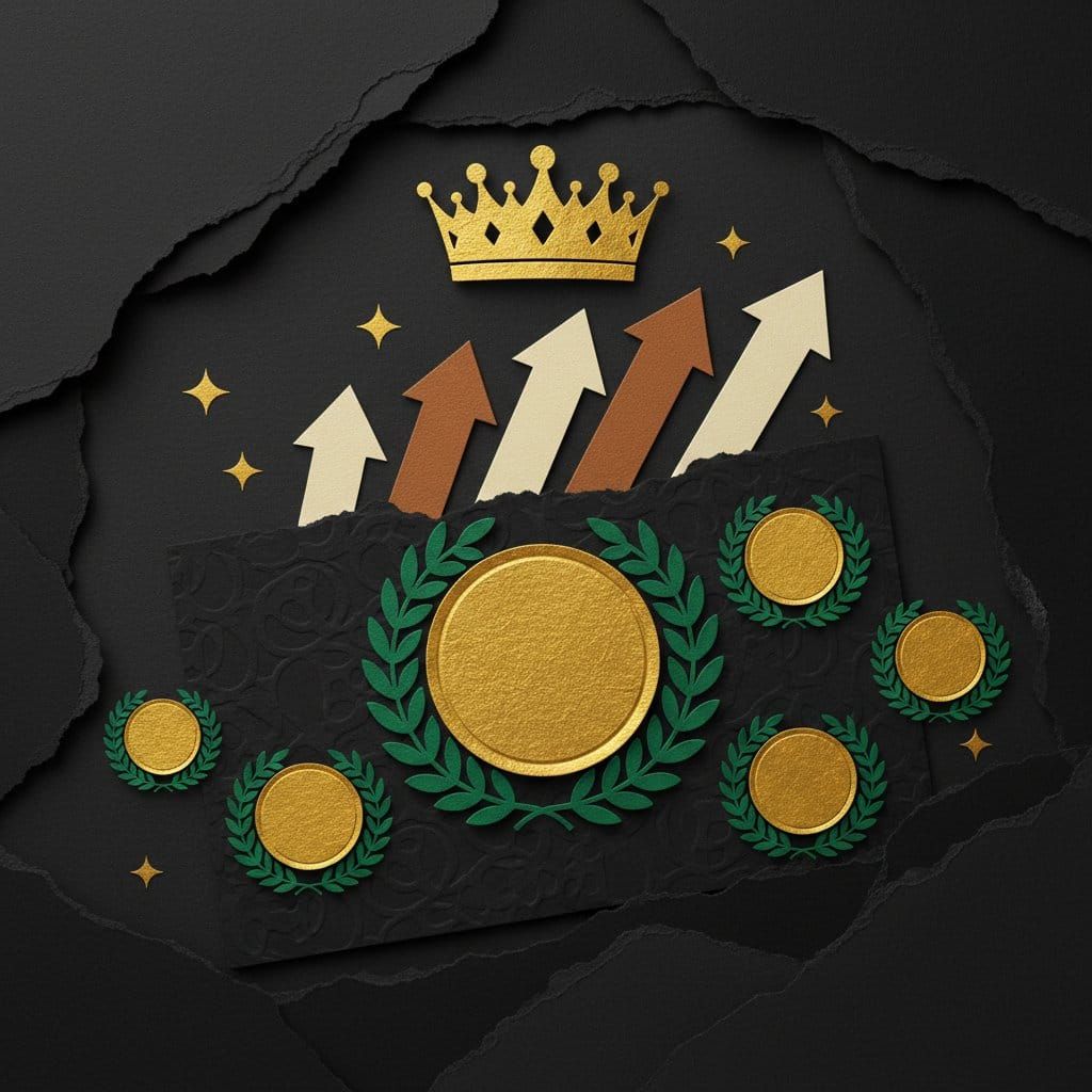 Top 5 altcoins April 2026 — five gold trophy coins in rising arc on dark layered paper cut collage illustration