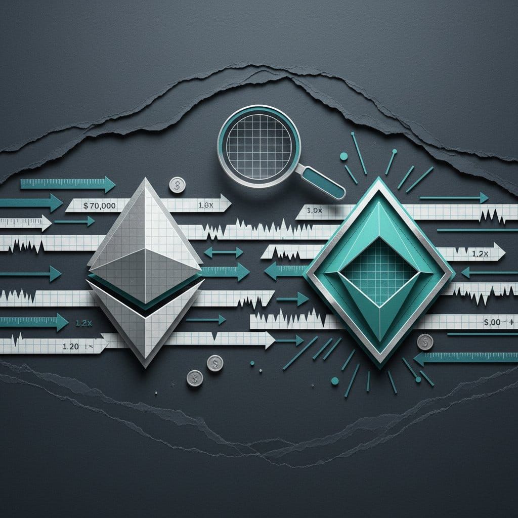 Solana vs Ethereum blockchain comparison 2026 speed fees TVL developer ecosystem paper cut illustration