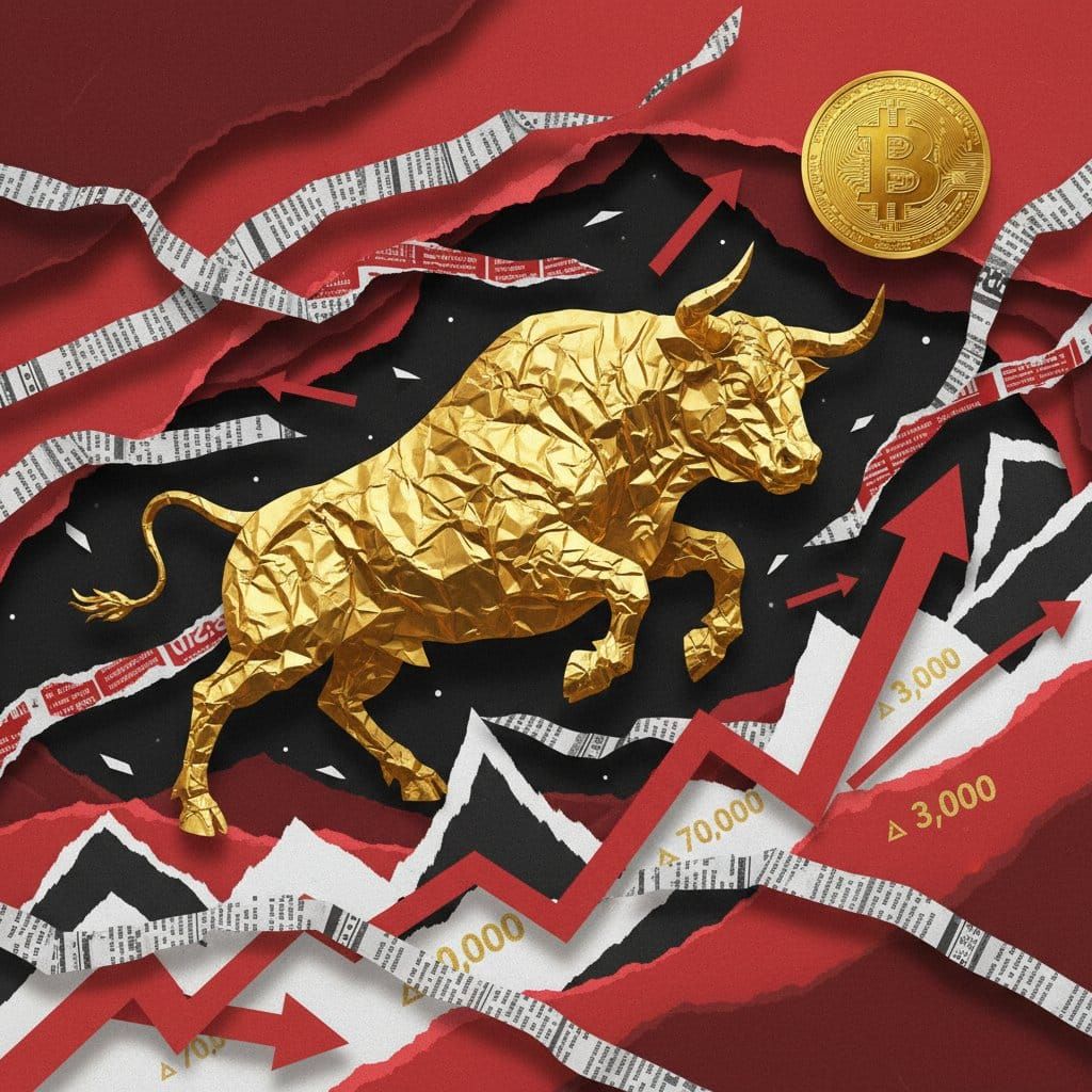 Bitcoin ETF 8-week inflow streak 3.7 billion dollars April 28 2026 market briefing gold paper cut collage charging bull