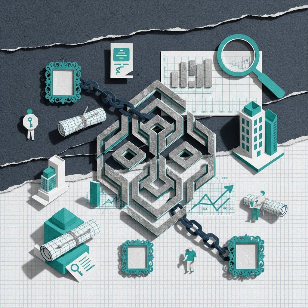 RWA tokenization 2026 guide — blockchain network connecting real estate buildings, bonds, and art investments as paper cut-out collage illustration