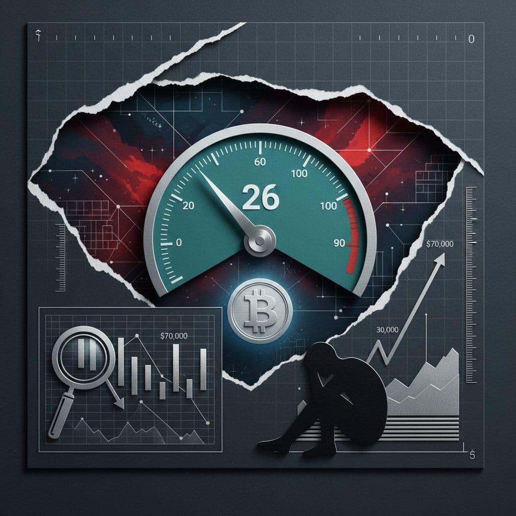 Crypto Fear and Greed Index gauge showing 26 in the Fear zone April 2026