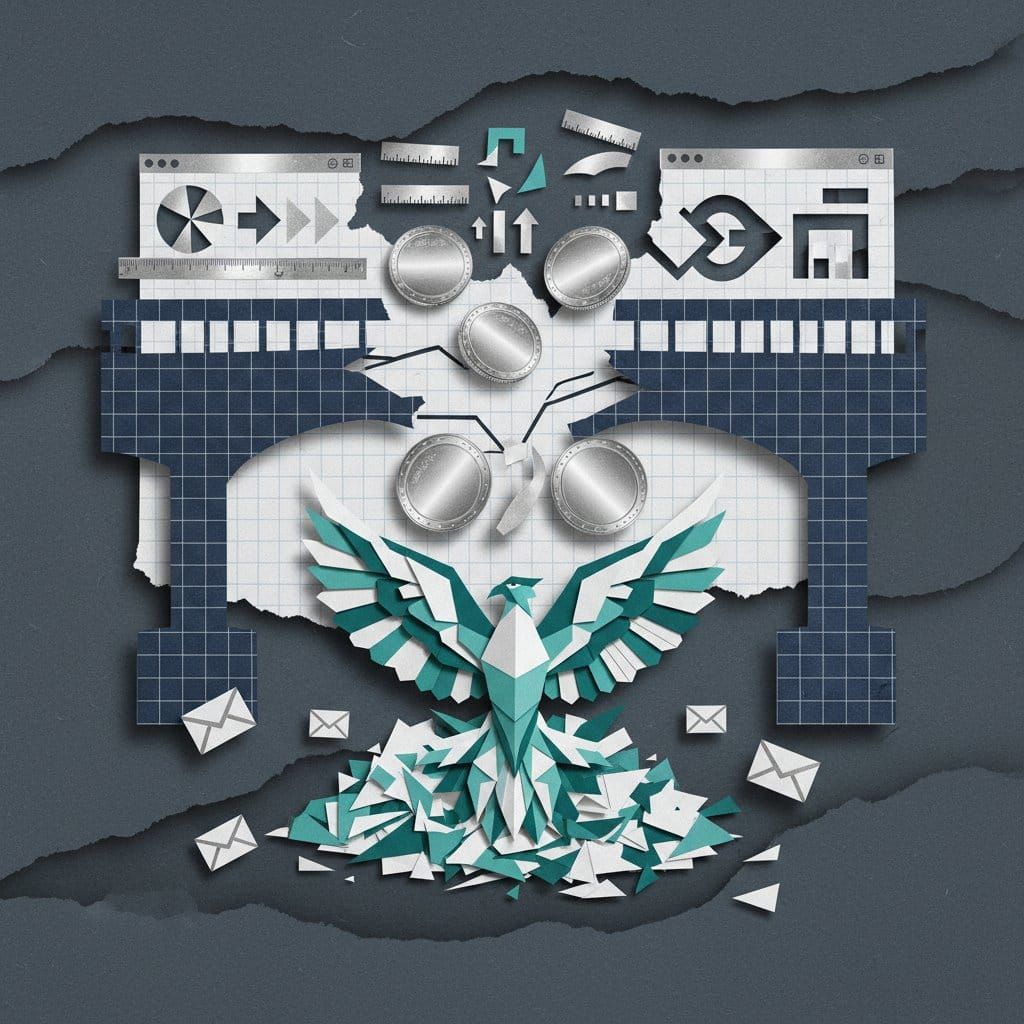 Paper cut-out collage showing a cracked blockchain bridge with DeFi protocol icons reassembling and airdrop envelopes scattering, symbolizing DeFi recovery after the KelpDAO hack