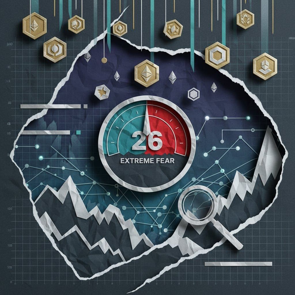 DeFi airdrop opportunities visualized against a bear market backdrop with fear and greed indicator at 26