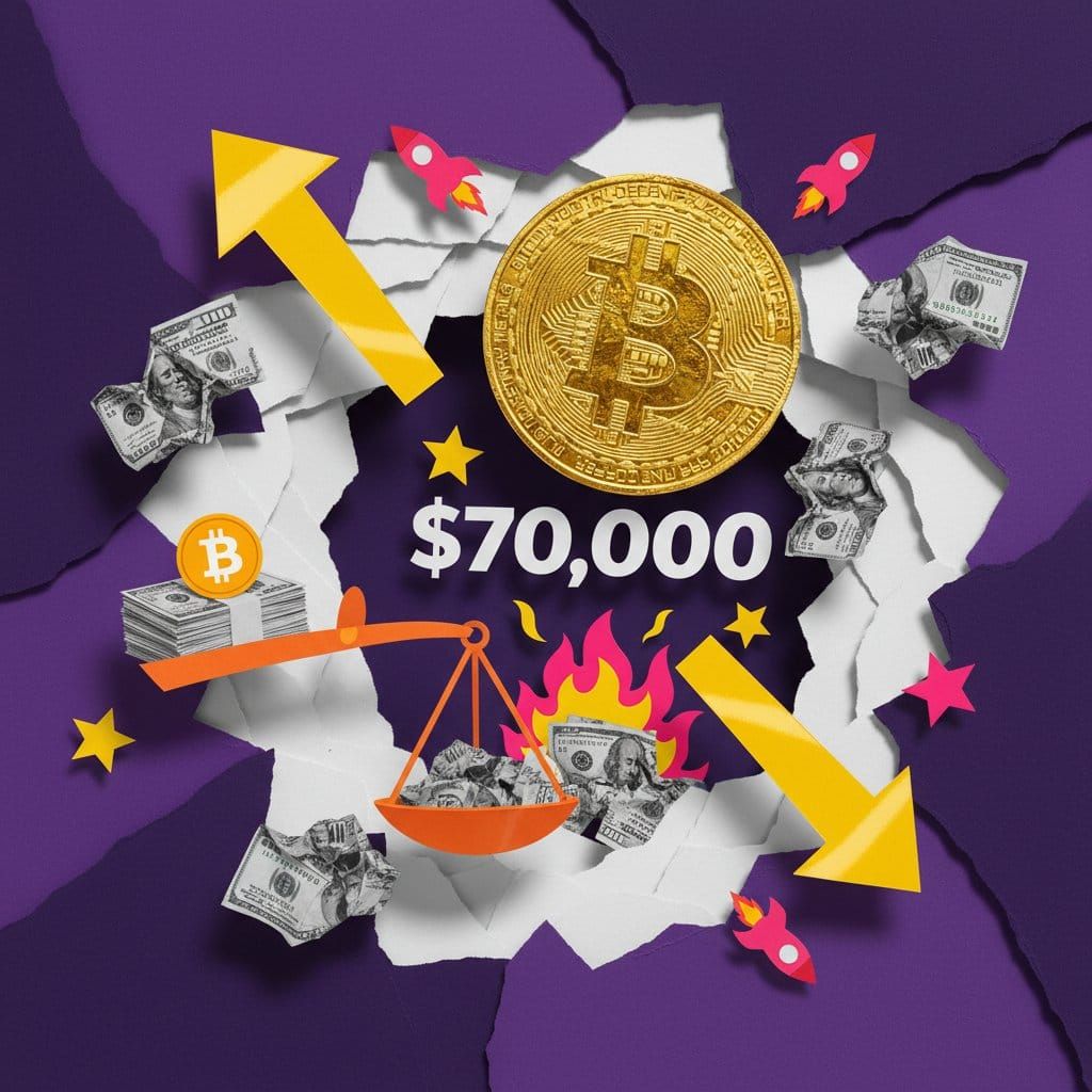 Bitcoin digital gold narrative dollar weakness trade war paper cut collage illustration April 2026