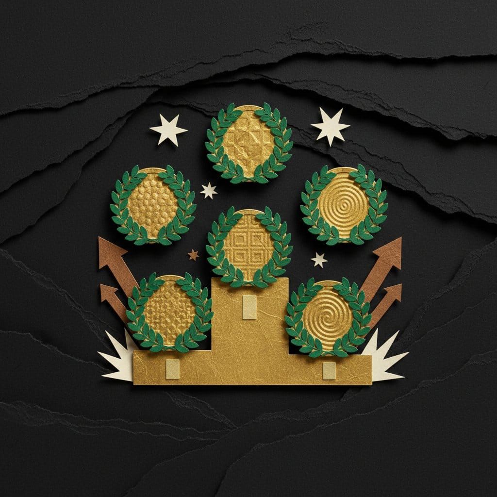 Top 5 altcoins May 2026 BIO ETH SOL HYPE XRP gold trophy paper cut collage illustration