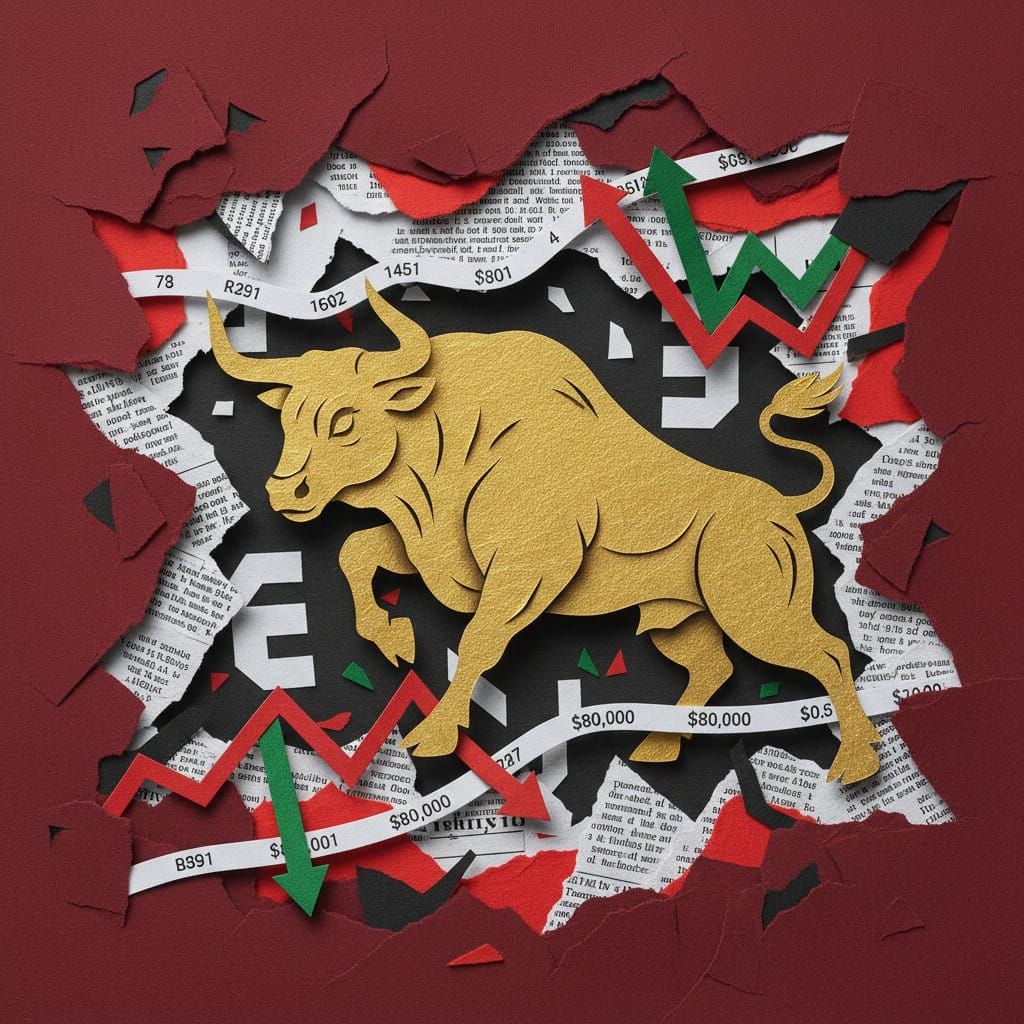 Crypto market briefing May 4 2026 golden bull charging through financial newspaper fragments paper cut collage illustration