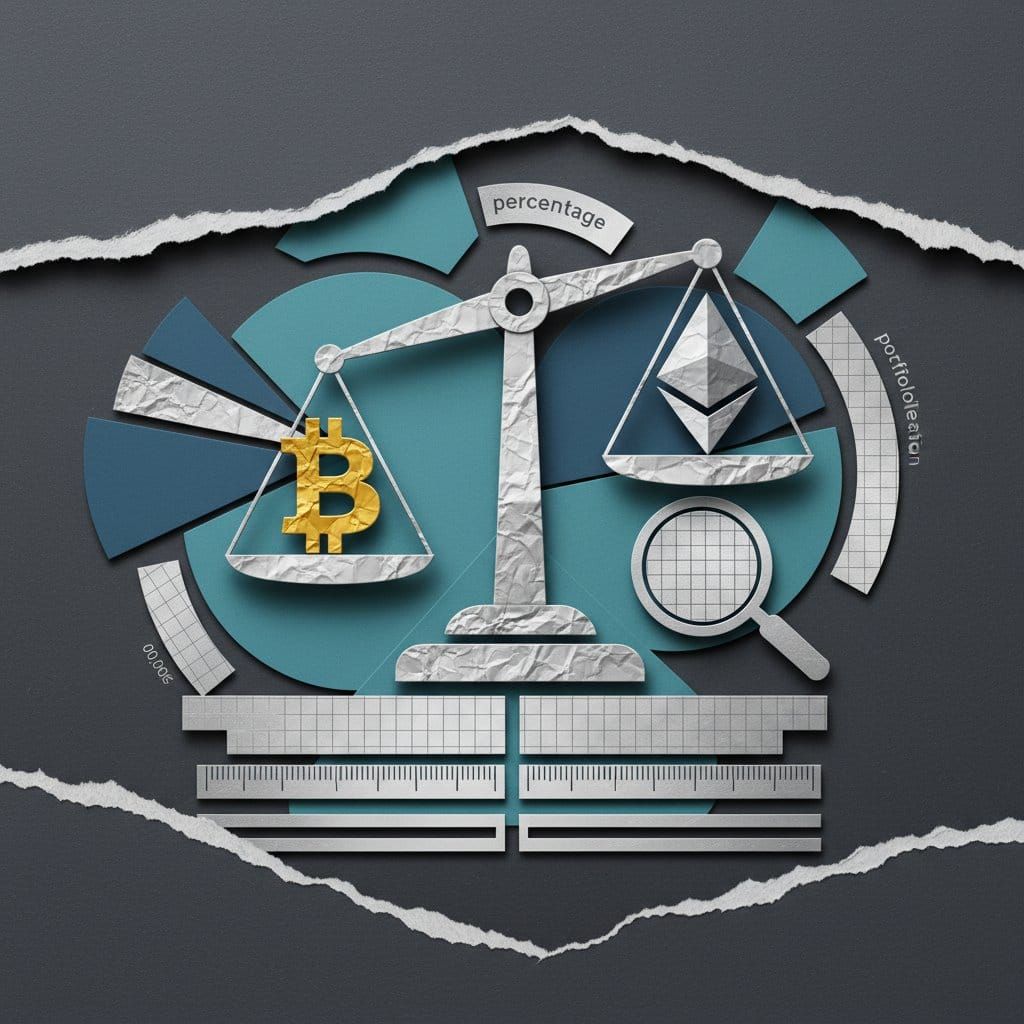 Crypto portfolio allocation BTC ETH core-satellite strategy 2026 paper cut collage illustration