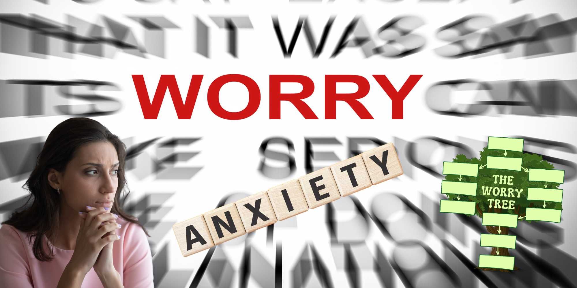 Woman managing her anxiety and controlling worrying thoughts by using a worry tree.