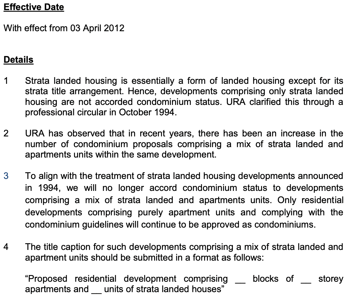 URA Rules Change on Strata Landed Housing in APARTMENTS in 2012