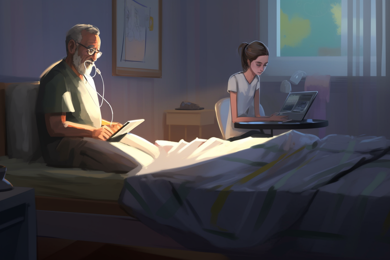 A darkened hospital room with an old father on a hospital bed, accompanied by a young daughter on a laptop