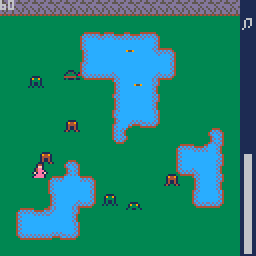 A gif of a pixel-art Pico-8 experiment where a pink-coloured Princess runs around a swamp while frogs chase after her.