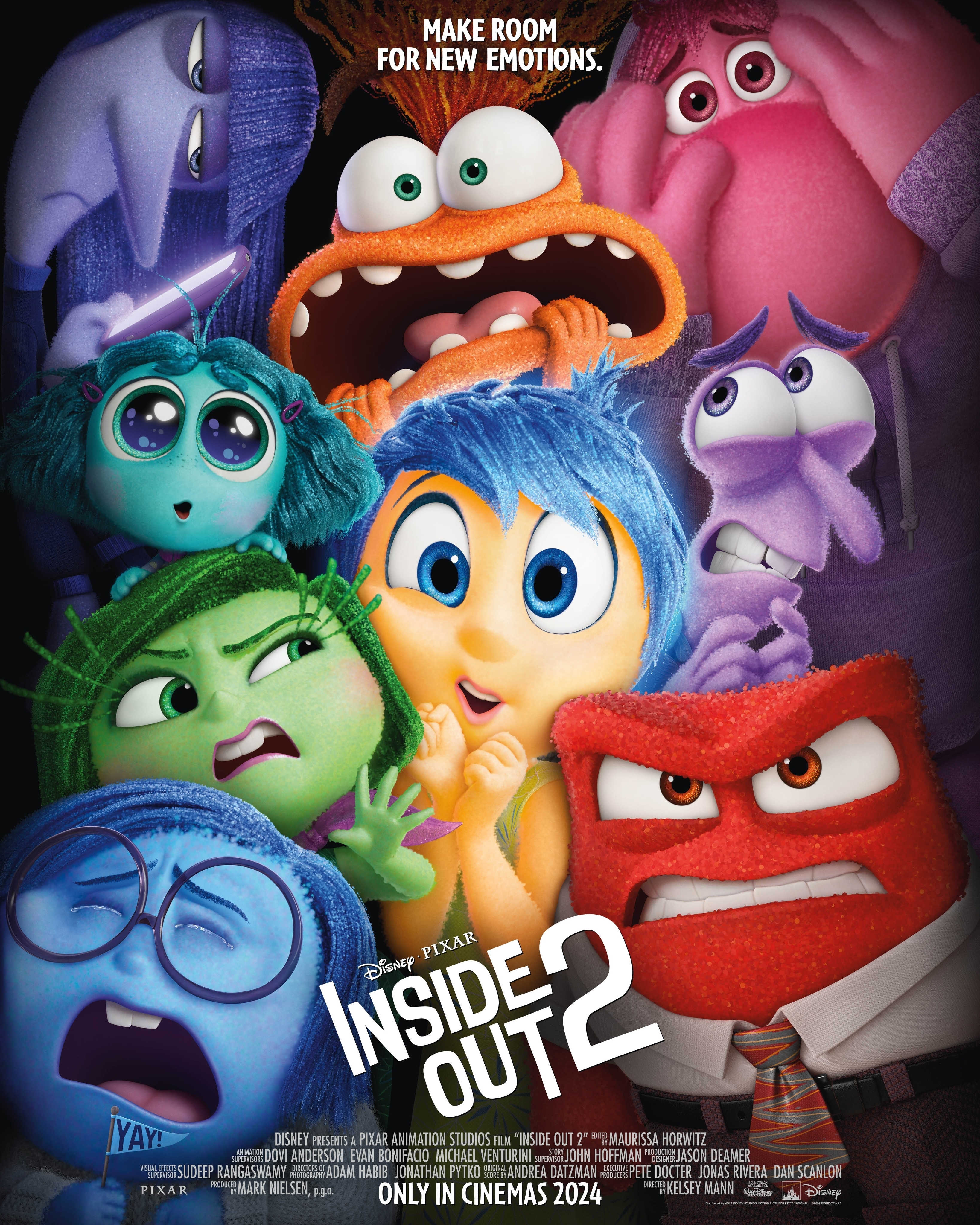 Movie poster for Inside Out 2, with nine colourful characters representing different emotions.