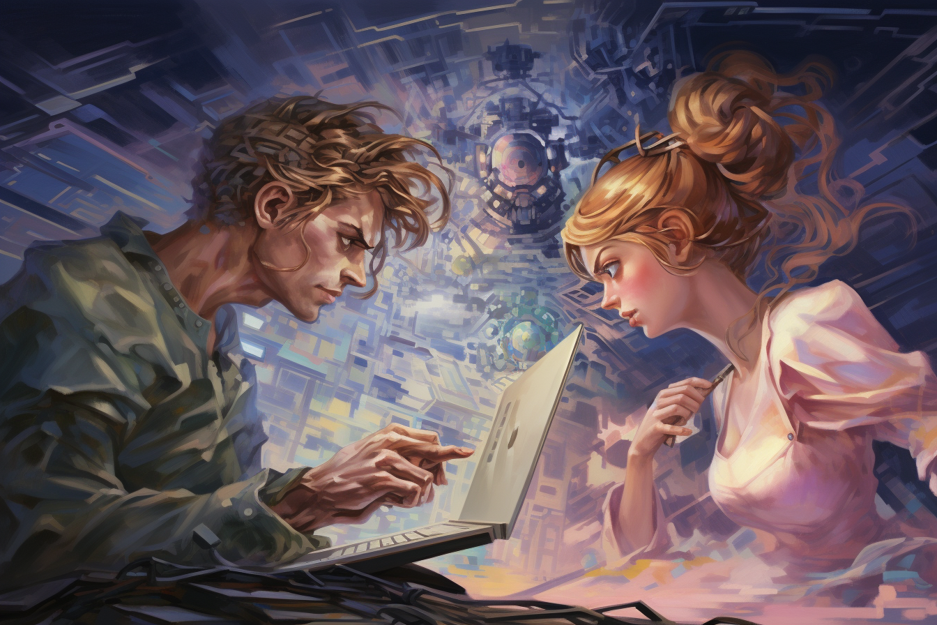 An AI-generated digital painting on the theme of "art vs AI". A stern young man with too many fingers types on a laptop, opposing a beautiful, artistic woman who also has too many fingers.