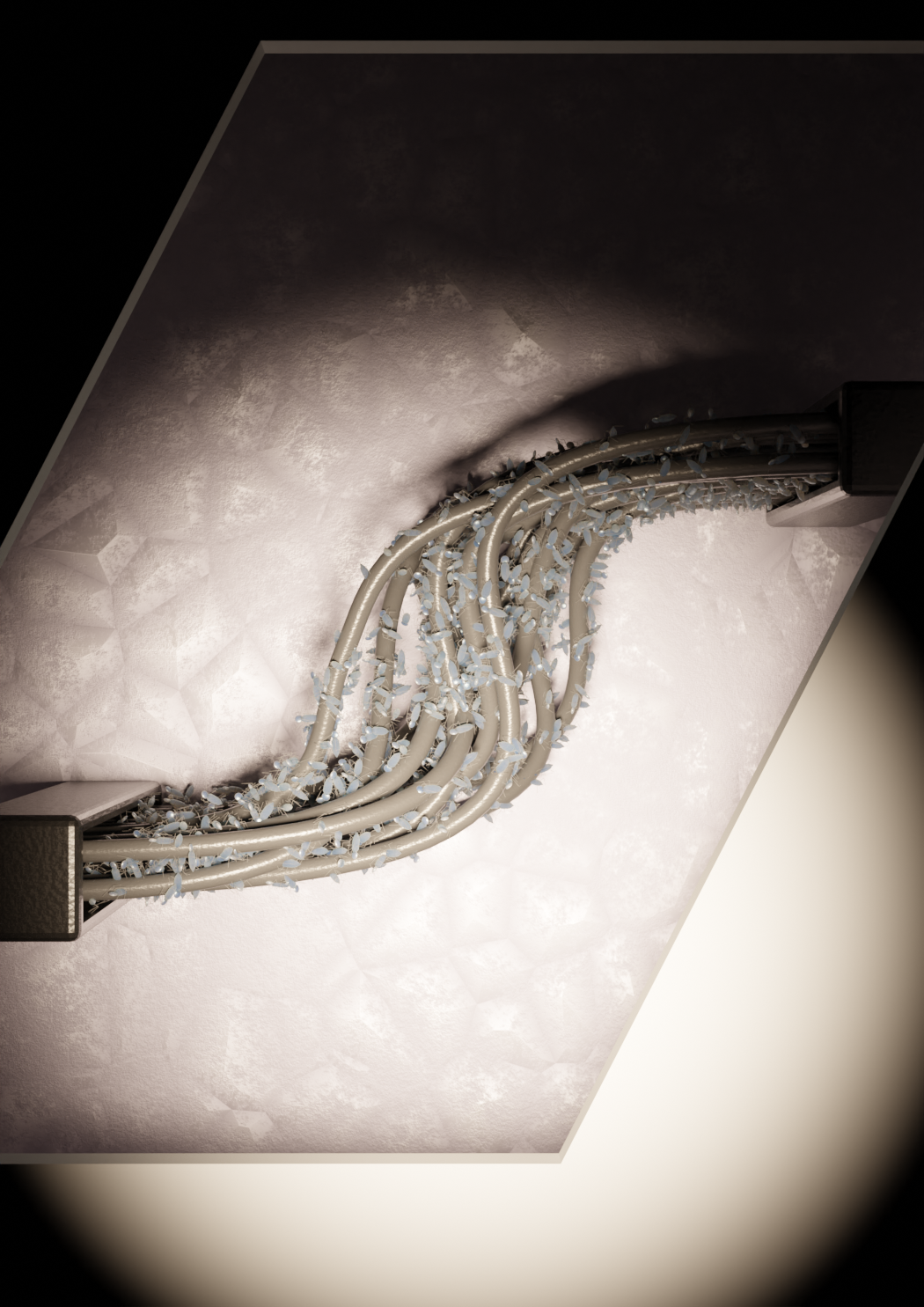 A work-in-progress 3D image of a wire covered in magnetovore insects.