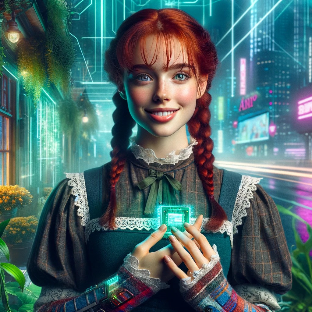 A cyberpunk rendition of Ann Shirley, from Ann of the Green Gables