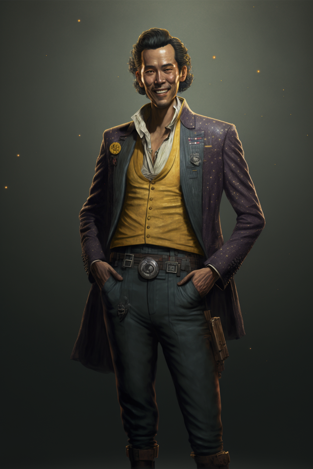 Asian-American man in purple sci-fi suit and yellow vest, smiling and looking dapper and up to no good. (Credit: Midjourney)