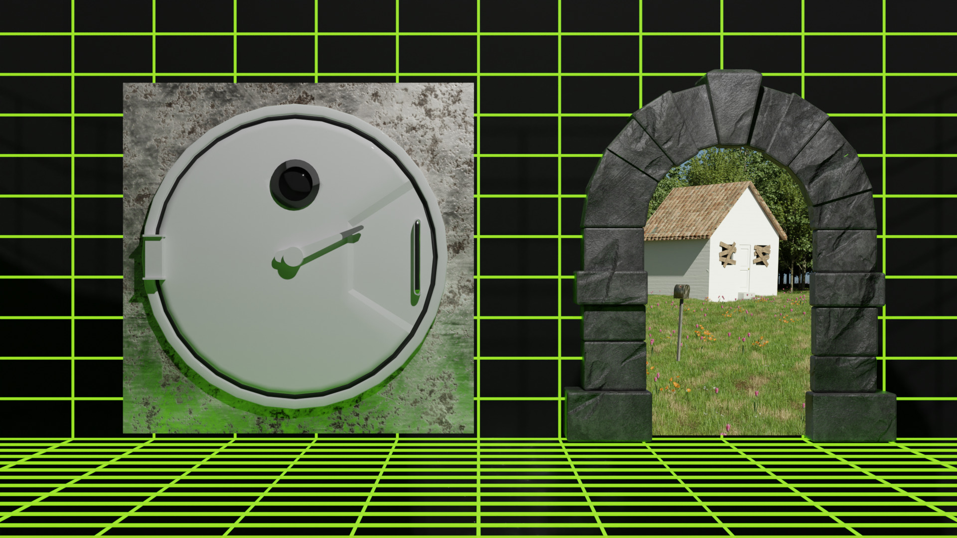 A 3d rendering of two doors set against an abstract geometric wireframe background. The left door is a large space-age door set into a rusty wall. The right door is a stone archway leading to a grassy field where a white house and letterbox (reminiscent of Zork) take center stage. The image is supposed to evoke multiple genres through the two options of door.