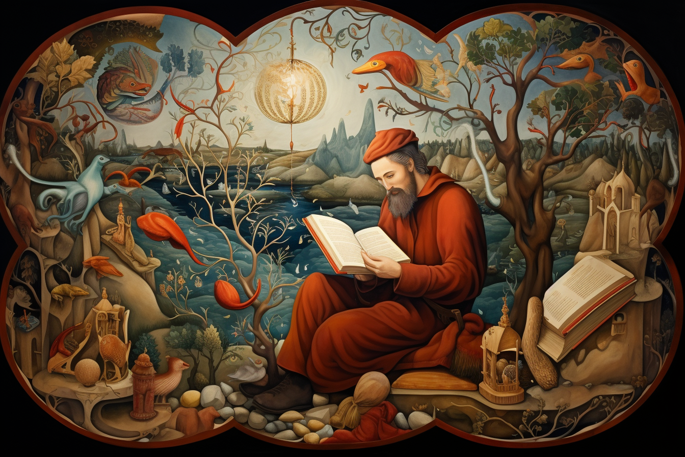 An AI-generated image of Chaucer surrounded by random paraphrenalia.