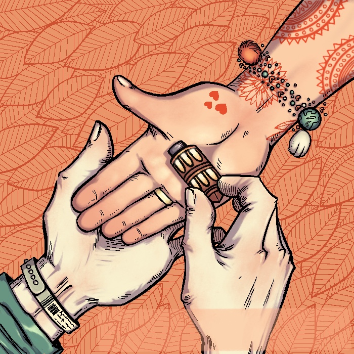 An illustration of the hand of a sickly man placing a USB key in his daughter's hand. She has tattoos.