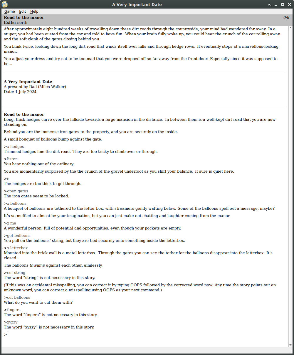 A screenshot of a transcript of playing through the first room in Hand Me Down