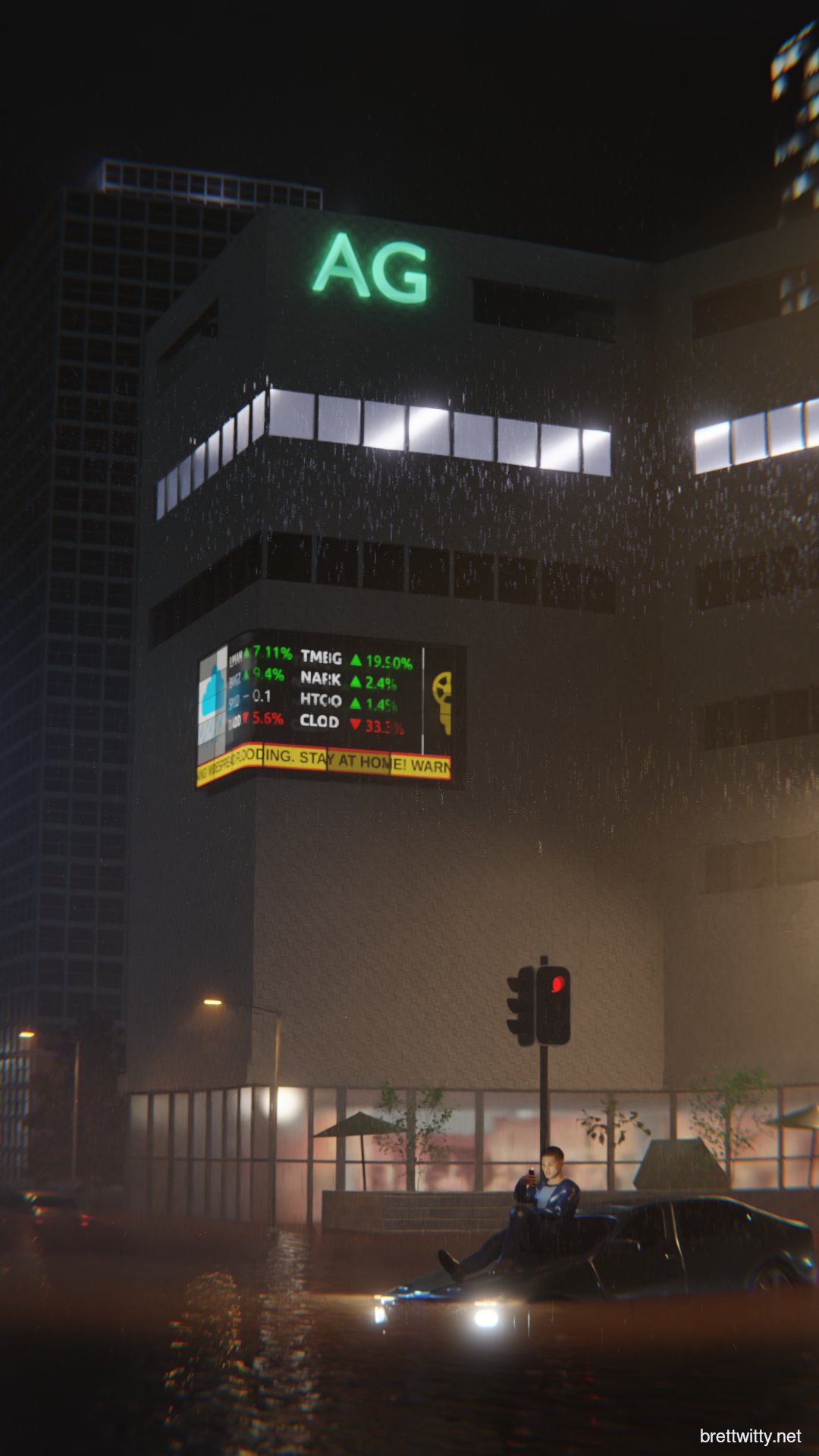 A man sitting on top of a submerged car in a flooded city intersection.