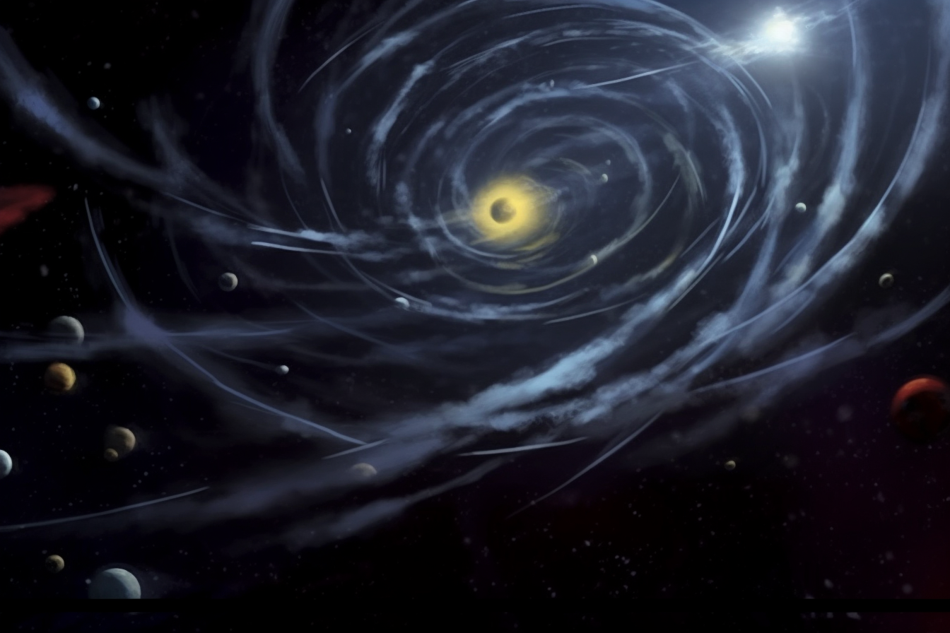An AI-generated image of a cloudy swarm of comets in space.