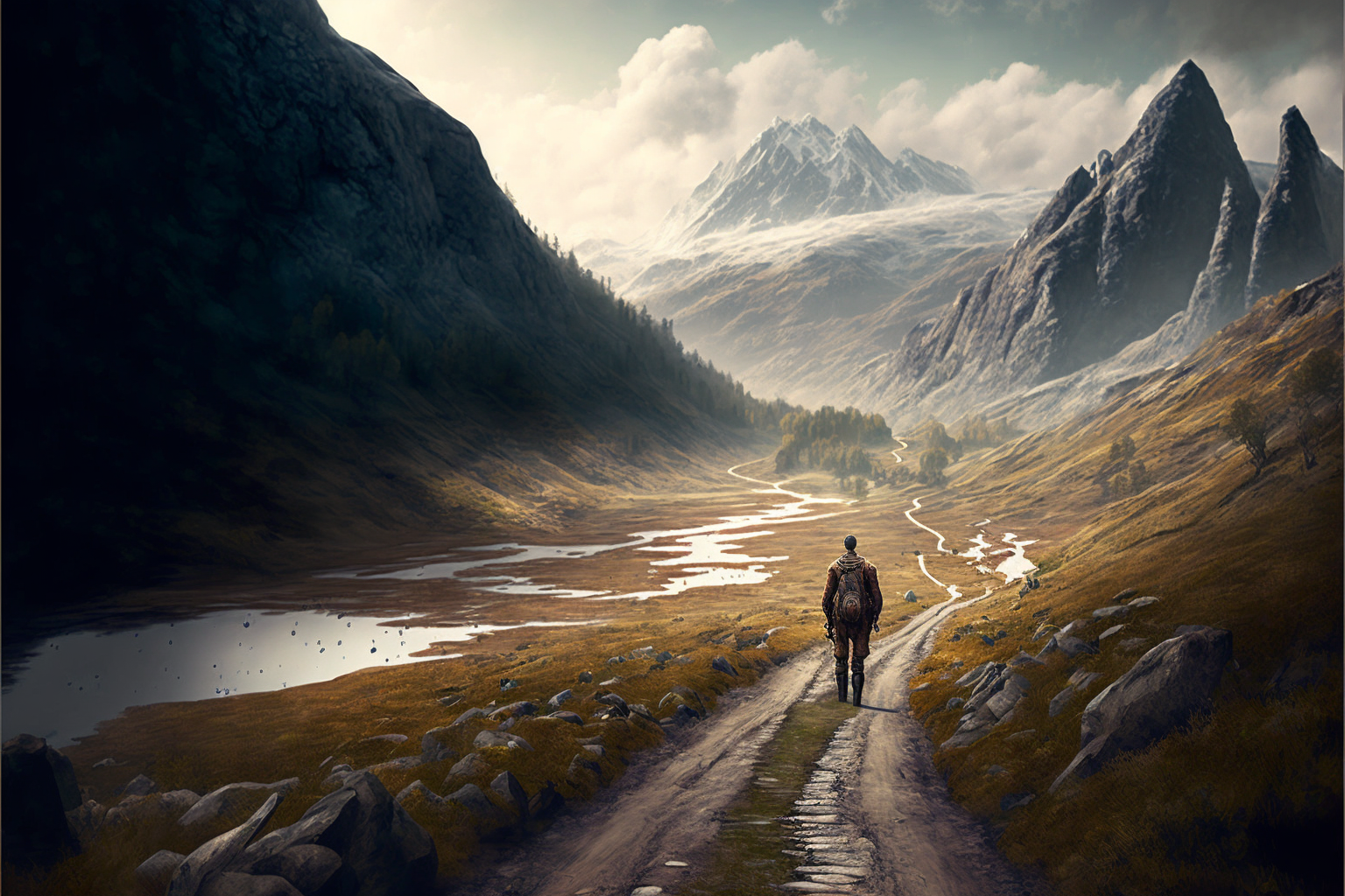 A man walking along a trail in a valley, with snow-covered peaks in the distance.
