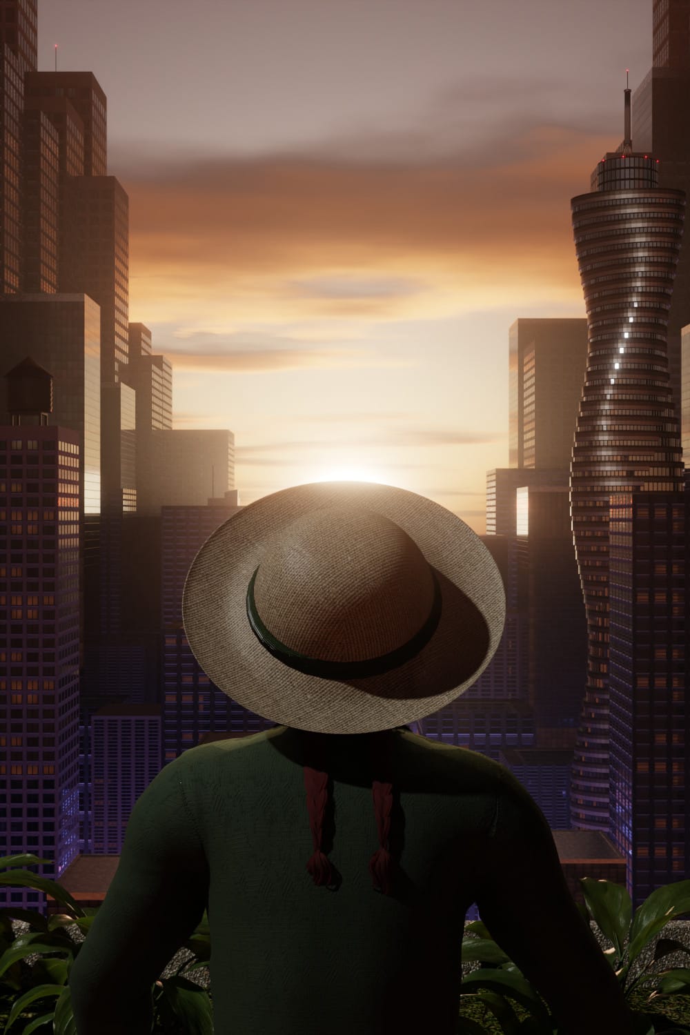 A girl looks into the frame, overlooking a cyberpunk city at sunset. A purple neon glows from the streets. The girl wears Anne of Green Gables' iconic boater hat.