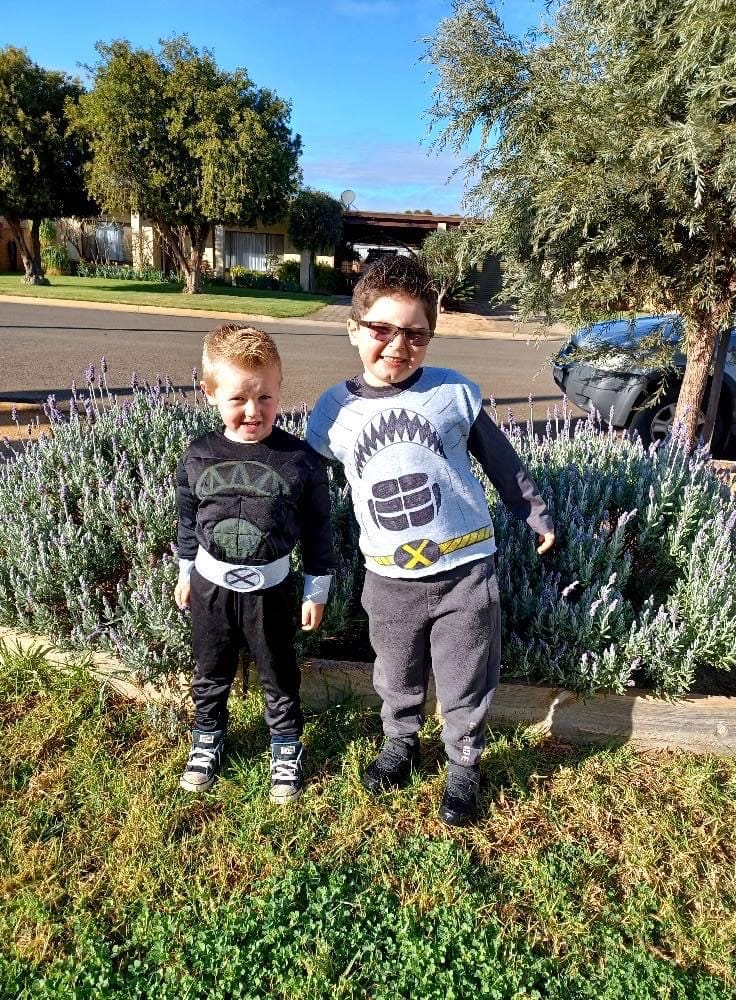 Monash Preschool students Chase Wigg, 4, and Cohen Gilles, 5, as Shark Boy.
