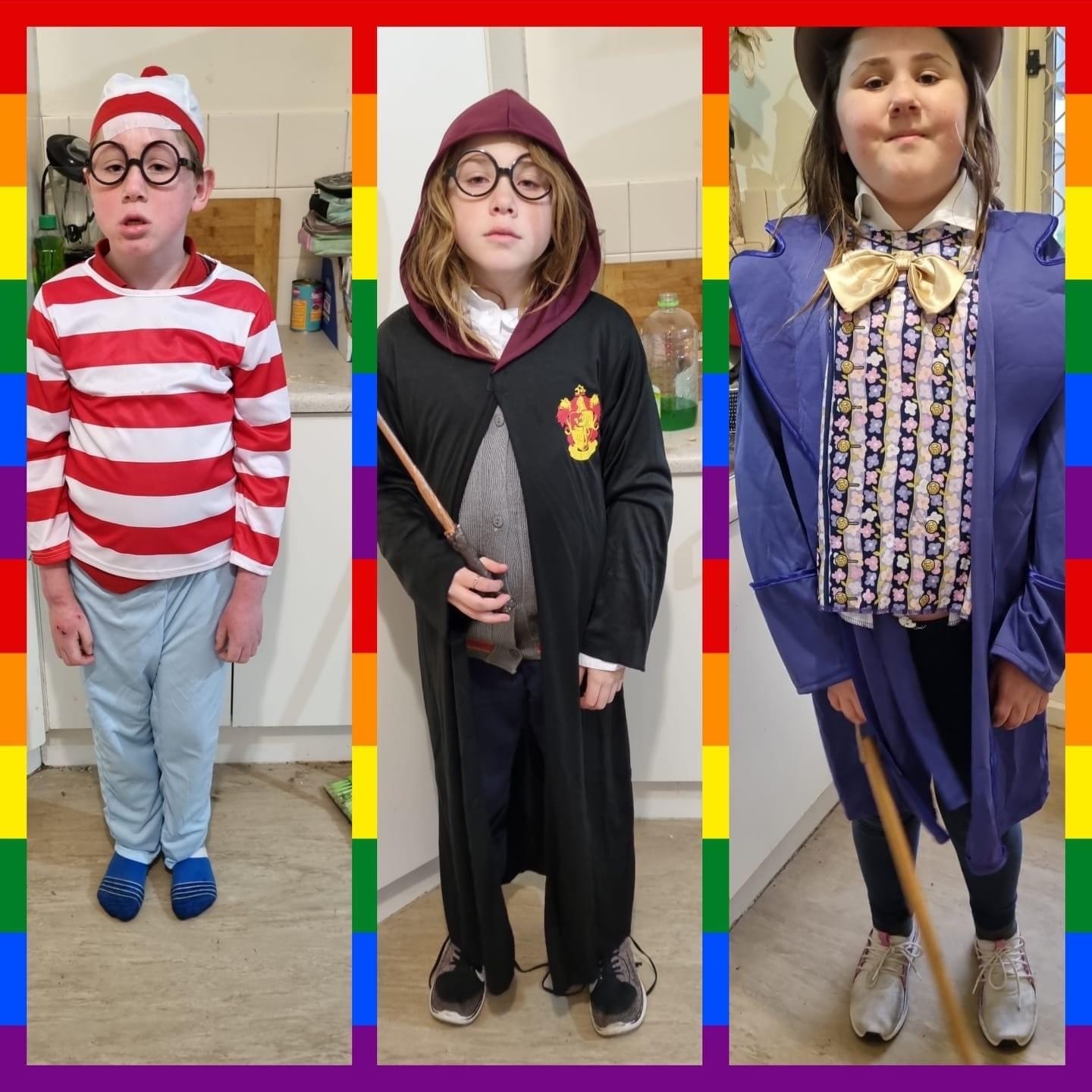 Berri Primary School student and siblings Jayden, 9, and Waikerie Primary School students Kaitlin, 11, and Amber Schmidt, 12, as a Lost Boy, Hermione and Willy Wonka.