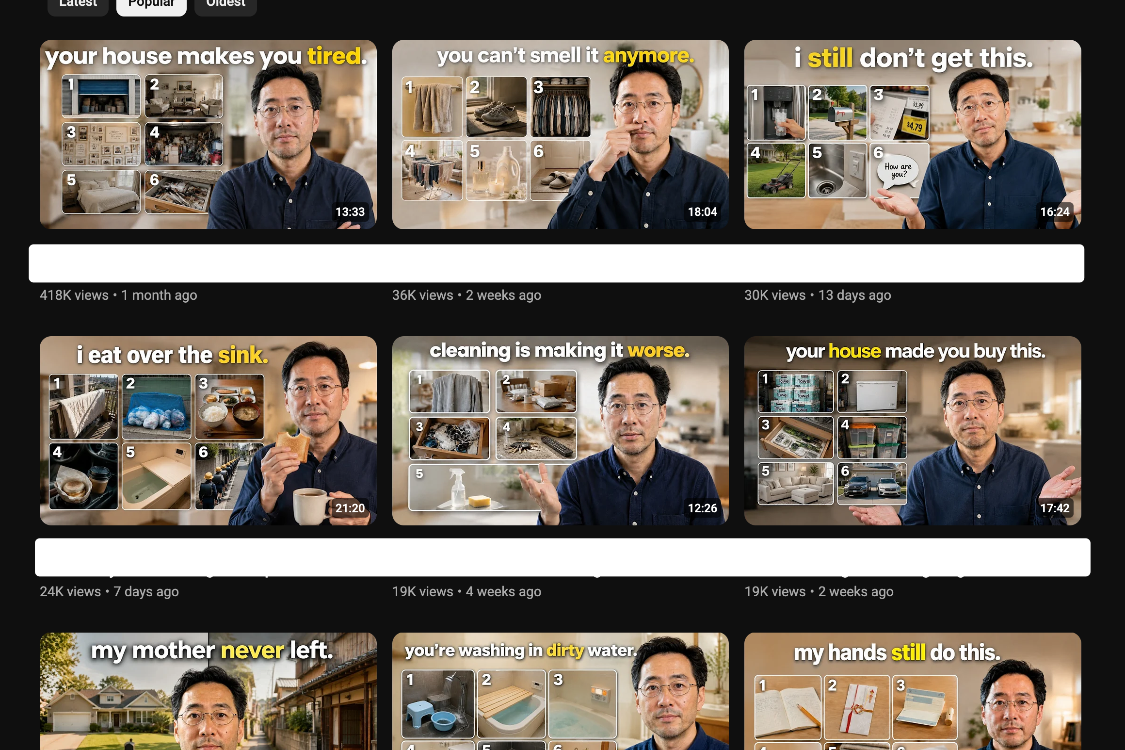 A screenshot of video thumbnails from the same YouTube channel. An AI-generated Asian man is seen in each thumbnail wearing the same outfit and standing in front of different AI-generated images of home interiors. The thumbnail have text such as "your house makes you tired" and "you can't smell it anymore", and "cleaning is making it worse".