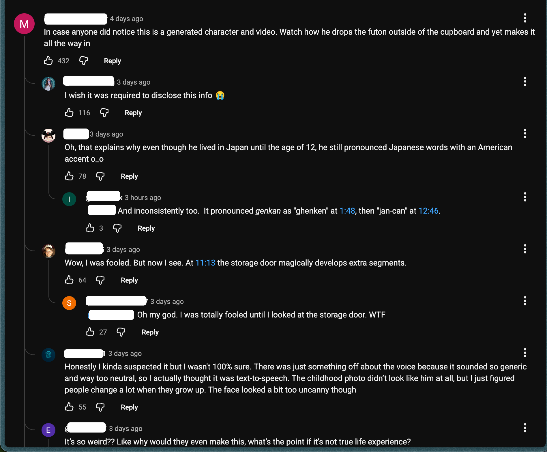 A screenshot of a YouTube comment section discussing the fact that the video is AI generated. Viewers express frustration, shock, and disbelief. One says "In case anyone did notice this is a generated character and video. Watch how he drops the futon outside of the cupboard and yet makes it all the way in."