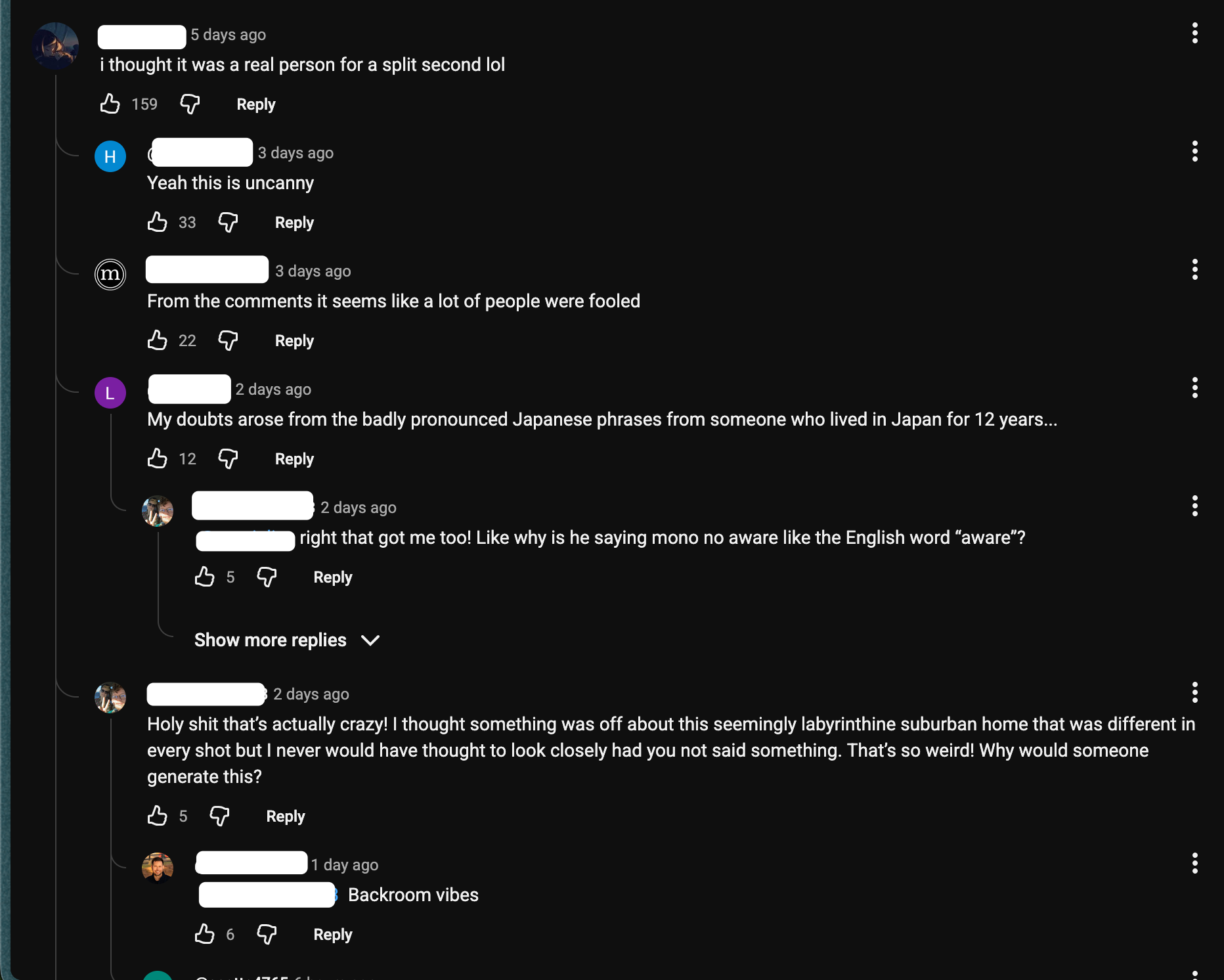 A screenshot of a YouTube comment section discussing the fact that the video is AI generated. Viewers express frustration, shock, and disbelief. One says "I thought it was a real person for a split second lol". Another says "Yeah this is uncanny."