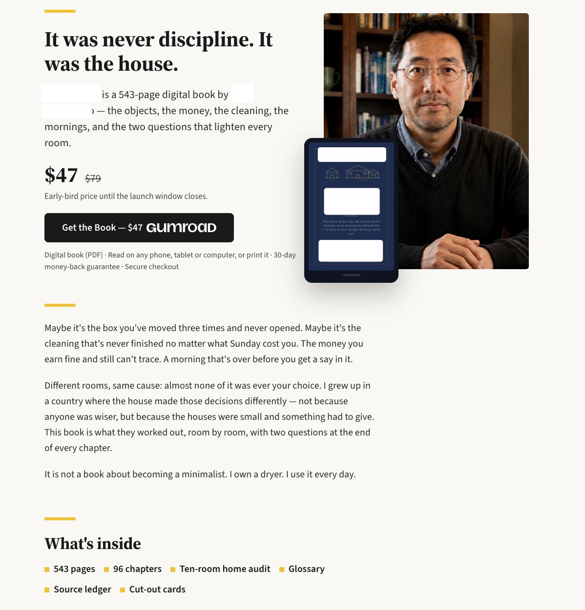 A screenshot of "Ben's" book product page. It includes a small AI-generated picture of an Asian man at the top. In front of the picture is a rendering of a tablet displaying a PDF of the book. The title says "It was never discipline. It was the house". The rest of the page includes long descriptions of the book's contents, as well as links to purchase the book at USD$47.