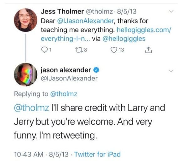 Screenshot of a tweet between @tholmz and @iJasonAlexander
