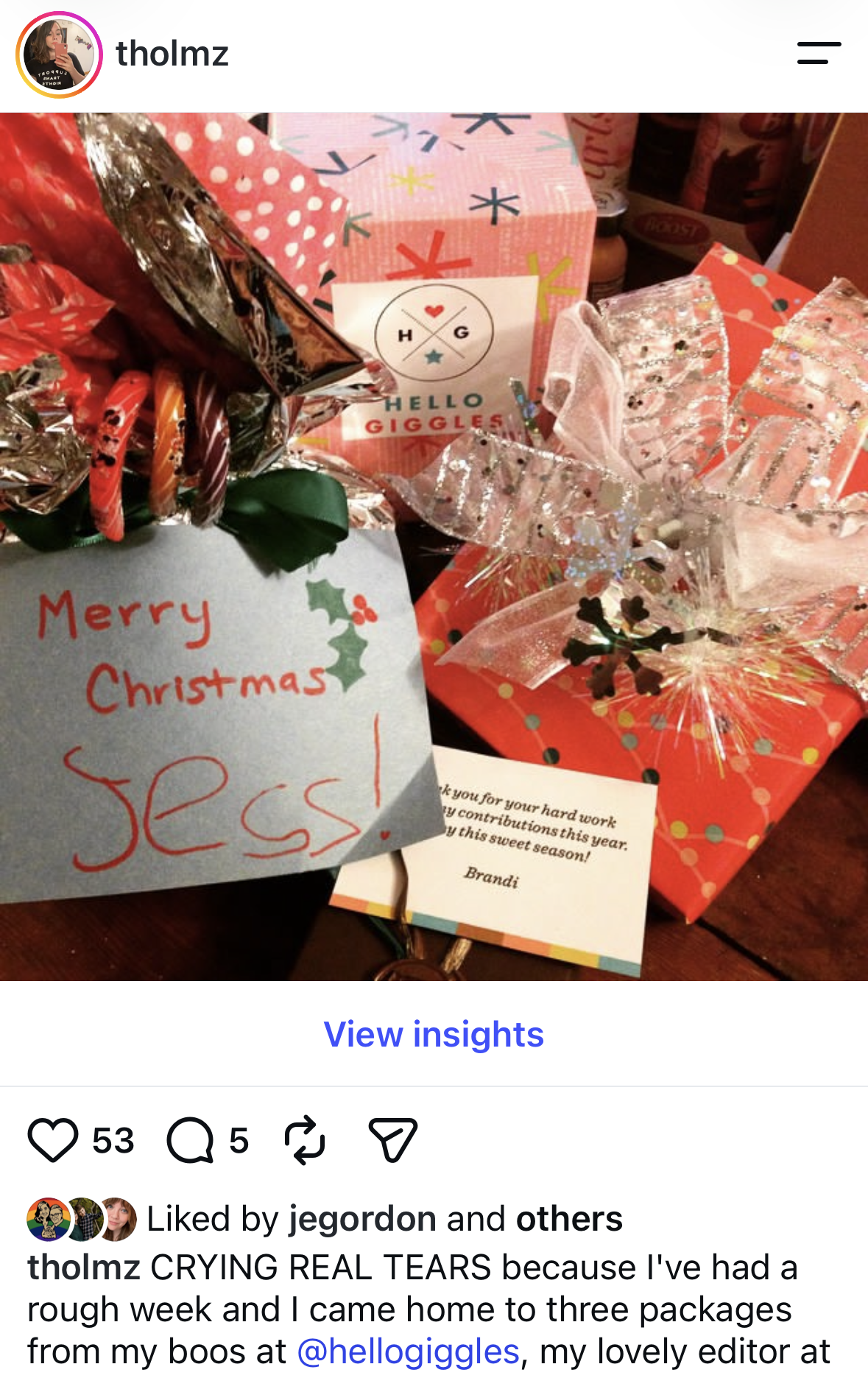 A screenshot of an old instagram picture of gifts at the holidays