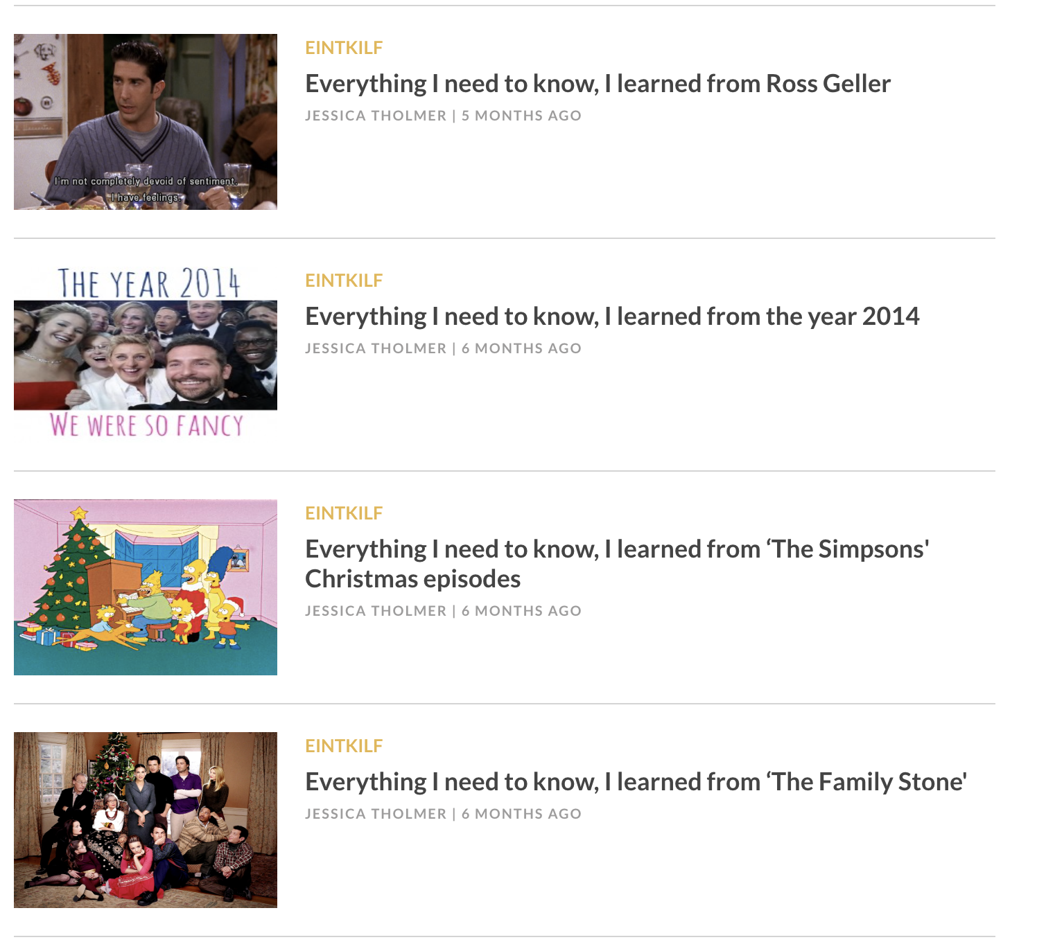 A screenshot of a series of Everything I Need to Know I Learned From articles by Jessica Tholmer