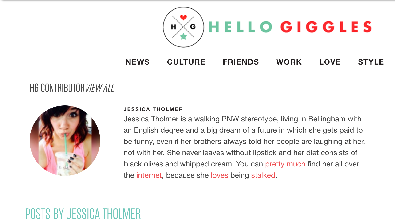 The byline of Jessica Tholmer for the website HelloGiggles
