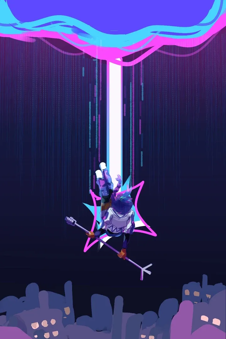 Person holding a microphone stand falling down from a portal onto a city.