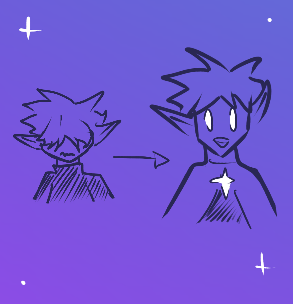 A younger character might start off shy and closed off, with messy hair that covers their face, but end up wearing it out of their face as they get older!