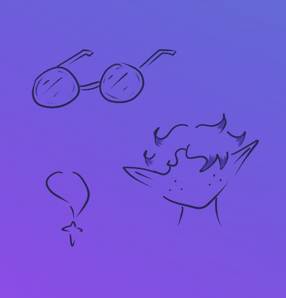 Three doodles consisting of a pair of round glasses, a star-shaped necklace, and a person with dyed hair and freckles.