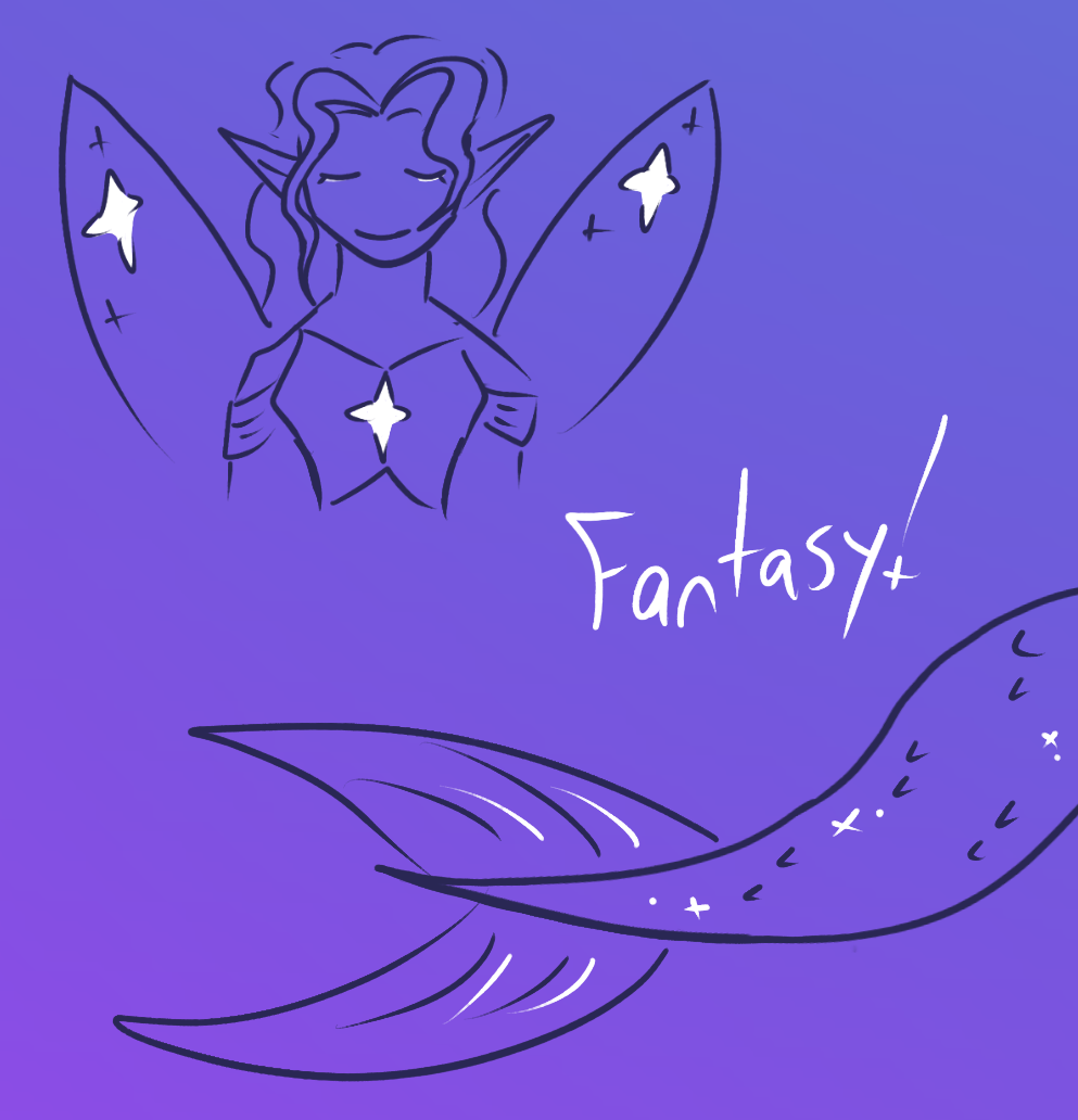 A doodle of a fairy with sparkly wings alongside a mermaid tail, with the text "Fantasy!" in between the two doodles.
