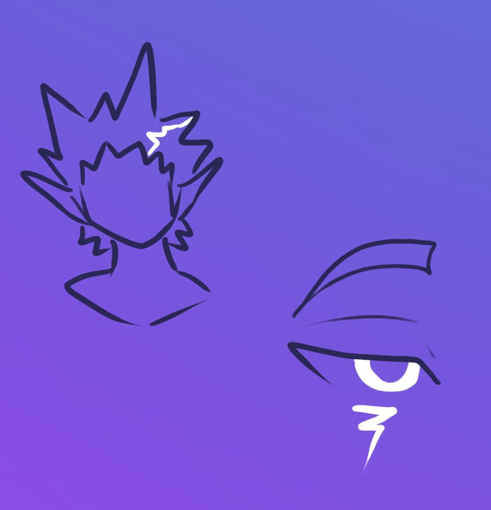 Image depicts a doodle of a head with spiky hair and a white streak, next to a doodle of a glowing eye.