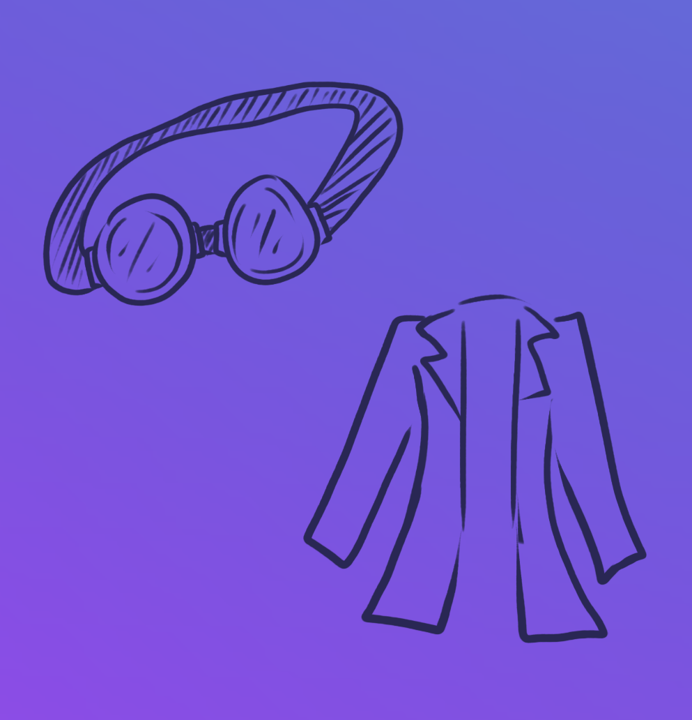 image depicts a doodle of a pair of goggles next to a lab coat.