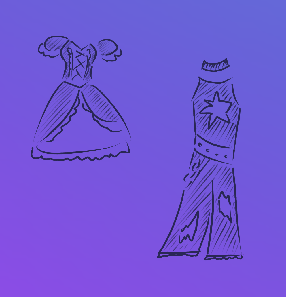 A doodle of a frilly dress next to a doodle of a sleeveless shirt and ripped jeans.
